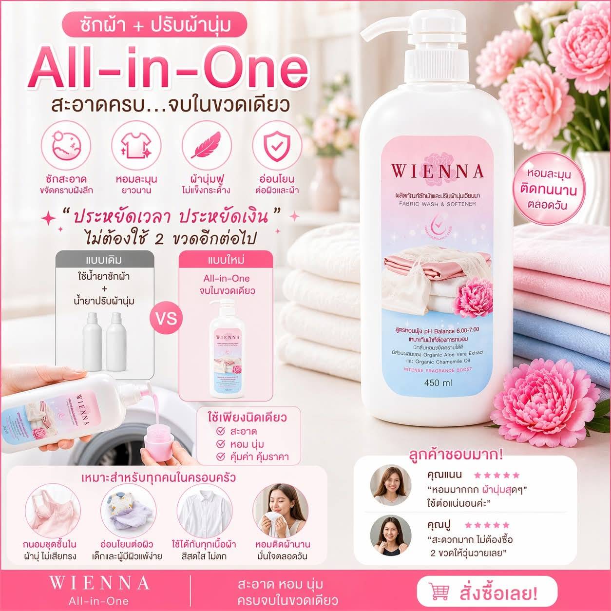 WIENNA FABRIC WASH & SOFTENER ผลิตภัณฑ์ซักผ้าผสมปรับผ้านุ่ม 2in1 (DC11303) Wiennashop